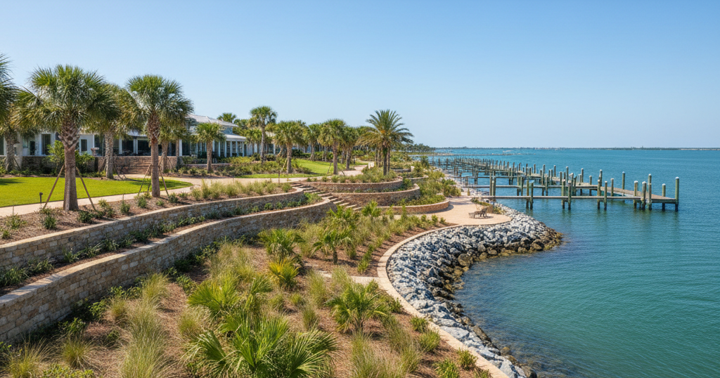White sand beach with turquoise water, palm trees, and a blue sky with clouds.
