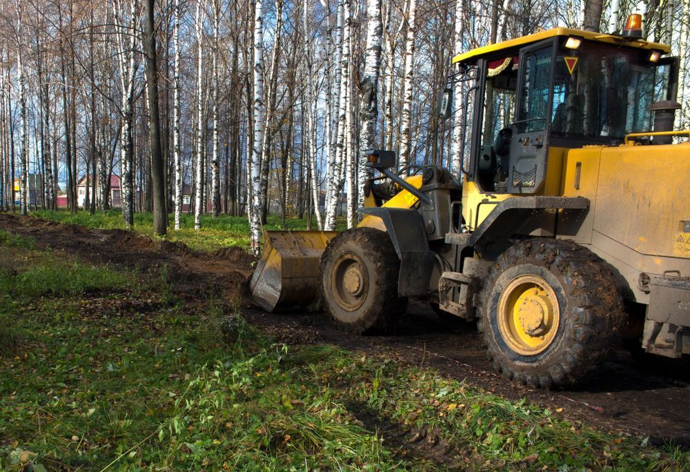 A Yellow Bulldozer Is Driving Down A Dirt Road In The Woods  — Fewmore Contracting in Yarrawonga, NT