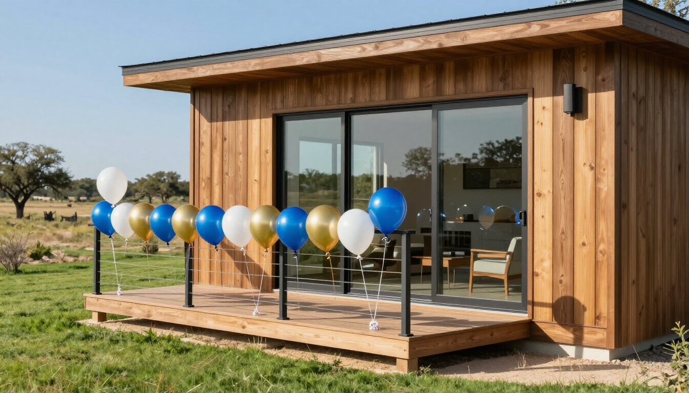 A modern wood-sided cabin in a field, decorated with a string of blue, gold, and white balloons on its porch railing.