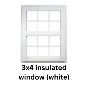 A white, single-hung, 3x4 insulated window with a grid pattern.