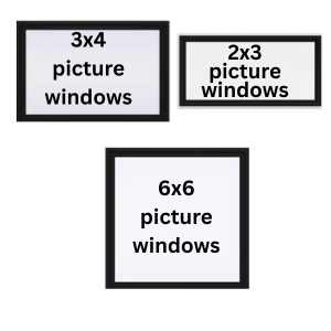 Three black-framed rectangular windows on a white background, labeled 3x4, 2x3, and 6x6.