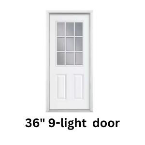 White 36-inch entry door with a nine-pane window section above two rectangular panels.