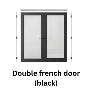A black double French door with glass panels, shown with its frame components detached.