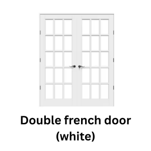 A white double French door with 15 glass panes in each door and matching black handles.