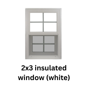 A white 2x3 insulated single-hung window with a grid pattern.