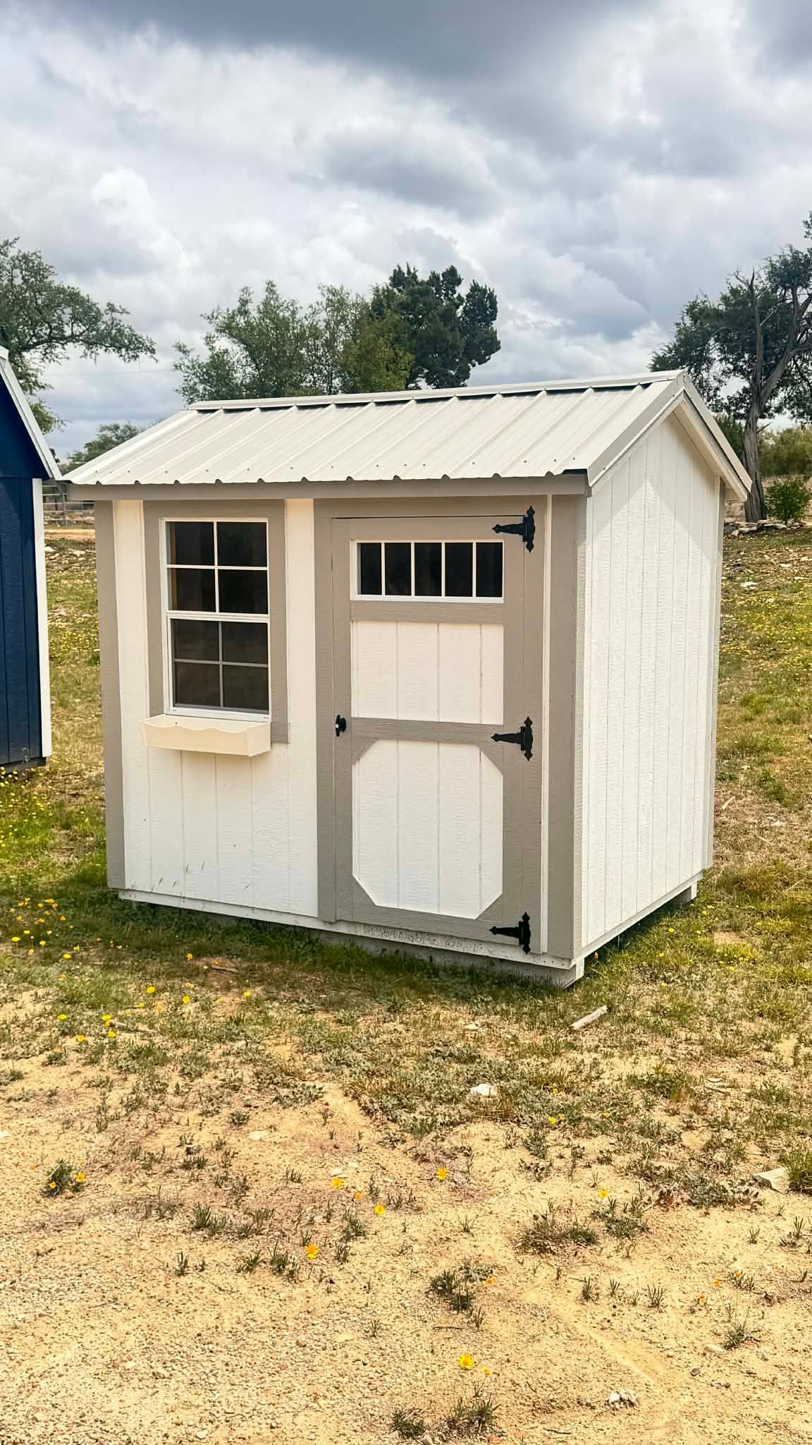 Small beige garden shed with white trim and a metal roof on grass under a cloudy sky
