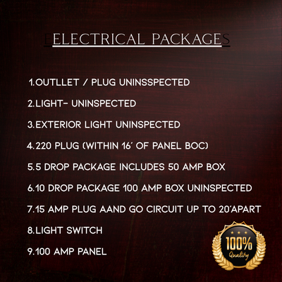 Electrical packages list on dark background, with numbered electrical items and a gold “100%” seal