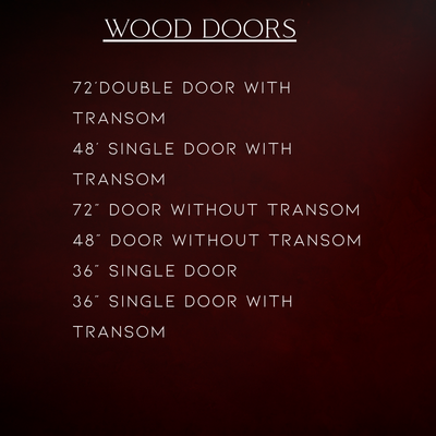 Wood doors sizes list on a dark red background, including single and double doors with or without transom.