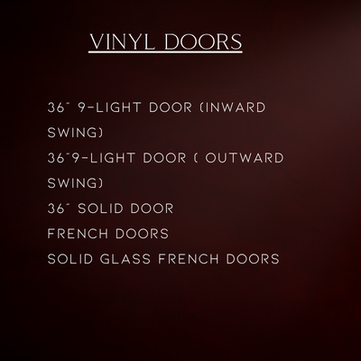 Menu listing vinyl door options on a dark background, including swing, solid, and French doors