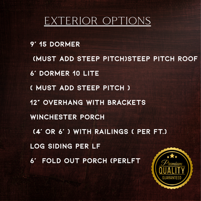 Exterior options list for a house design, with white text on a dark wood background.
