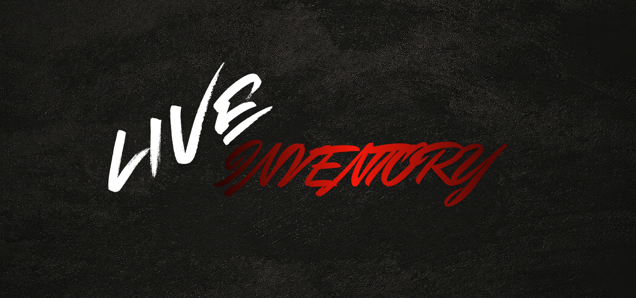 “LIVE INVENTORY” text in white and red on a dark textured background