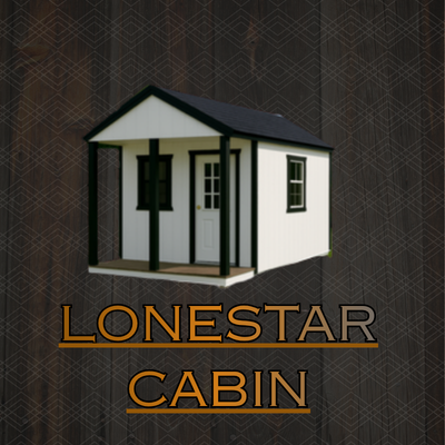 A small white shed with a black roof, black trim, a front porch with two pillars, a door, and two windows on a grassy lawn.