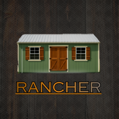 A green wooden storage shed with a metal roof, double doors, two windows with brown shutters, and shrubs in front.