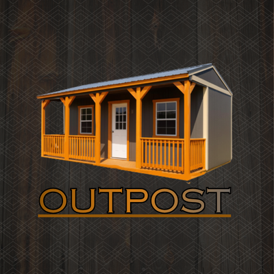 A small shed with a front porch, a white door, and two windows sits in a backyard with a stone path and wooden fence.