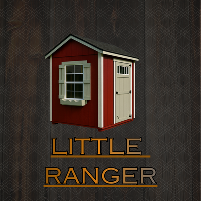A red wooden storage shed with a beige door, window, and shutters, standing on a grass lawn under a blue sky.
