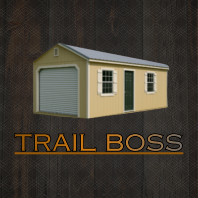 A beige storage shed with a metal roof, roll-up garage door, a side door, and two windows, set on a lawn.