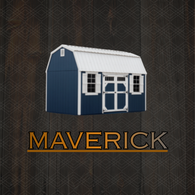 A navy blue backyard shed with a white gambrel roof, white double doors, and windows, set in a landscaped green yard.