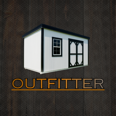 A white, rectangular shed with black trim, a single window, and double doors, situated on a green lawn against a blue sky.