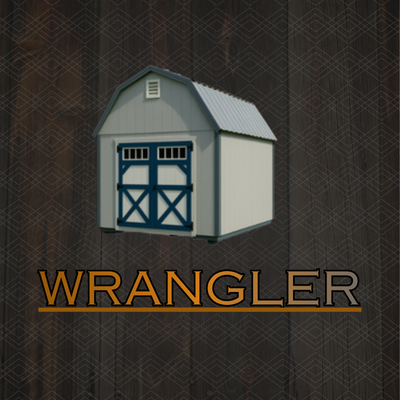 A grey gambrel-roof shed with white siding and blue trim, featuring double doors with glass window panes.