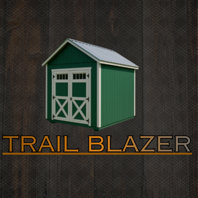 A green backyard shed with a white trim, a metal roof, and double doors with windows, situated on a gravel foundation.