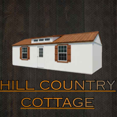 White cottage with brown roof on dark patterned background, labeled “Hill Country Cottage”