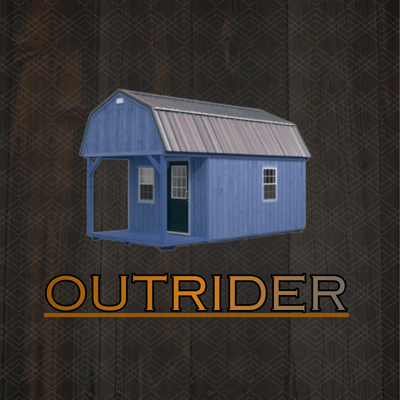 Blue shed with a gray roof labeled “OUTRIDER” on a dark patterned background