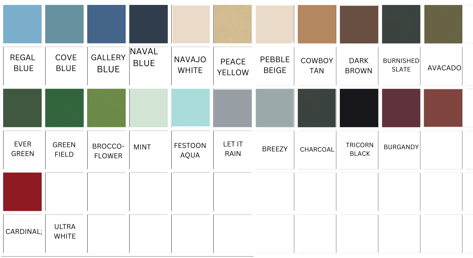 A color palette chart displaying 26 labeled paint swatches in various blue, neutral, green, and red-toned shades.