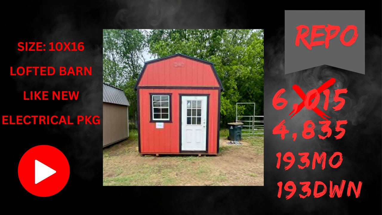 Red shed barn in a wooded yard with red text listing size and specs, plus a play button icon