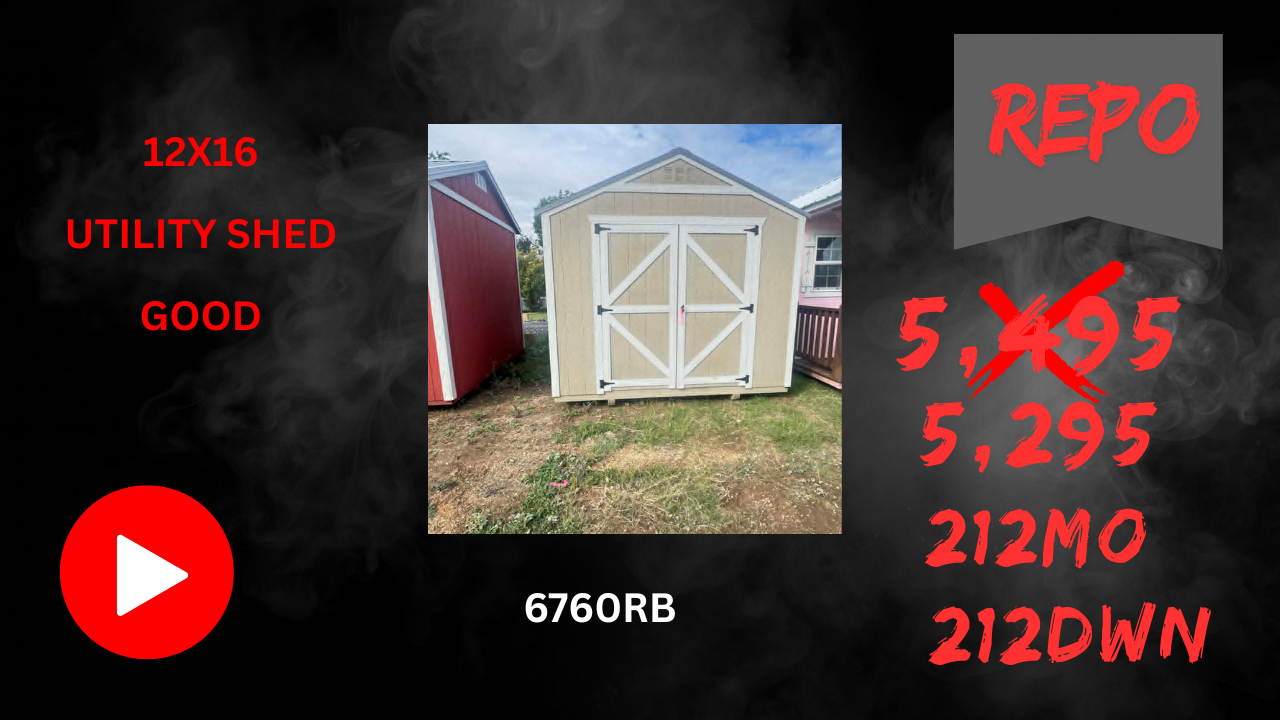 Tan utility shed with white trim, labeled 12x10 and 6760RB, in a repo sale graphic with red text.