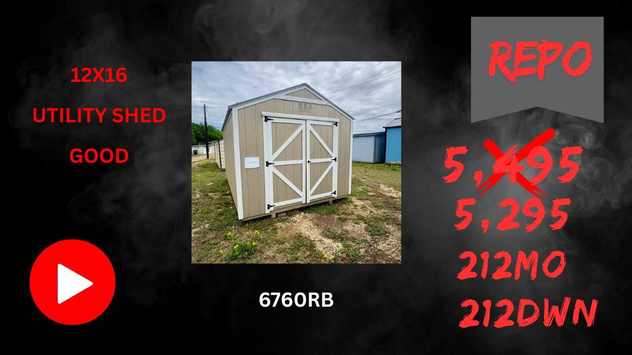 Utility shed with beige trim and 12x16 text, plus red gameplay-style labels on a dark background.