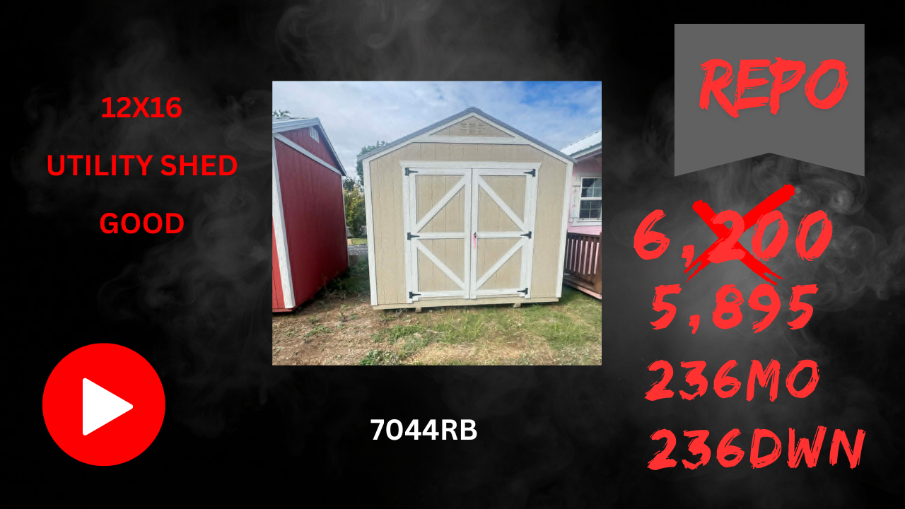 Marketing graphic for a 12x10 utility shed, showing a beige shed and red dimensions text on black background