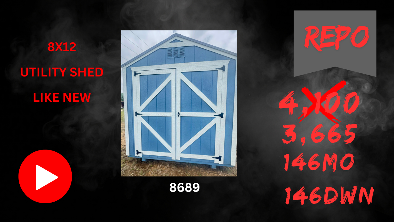 Blue utility shed with white trim and front doors, labeled 8689, on a dark background with red text.