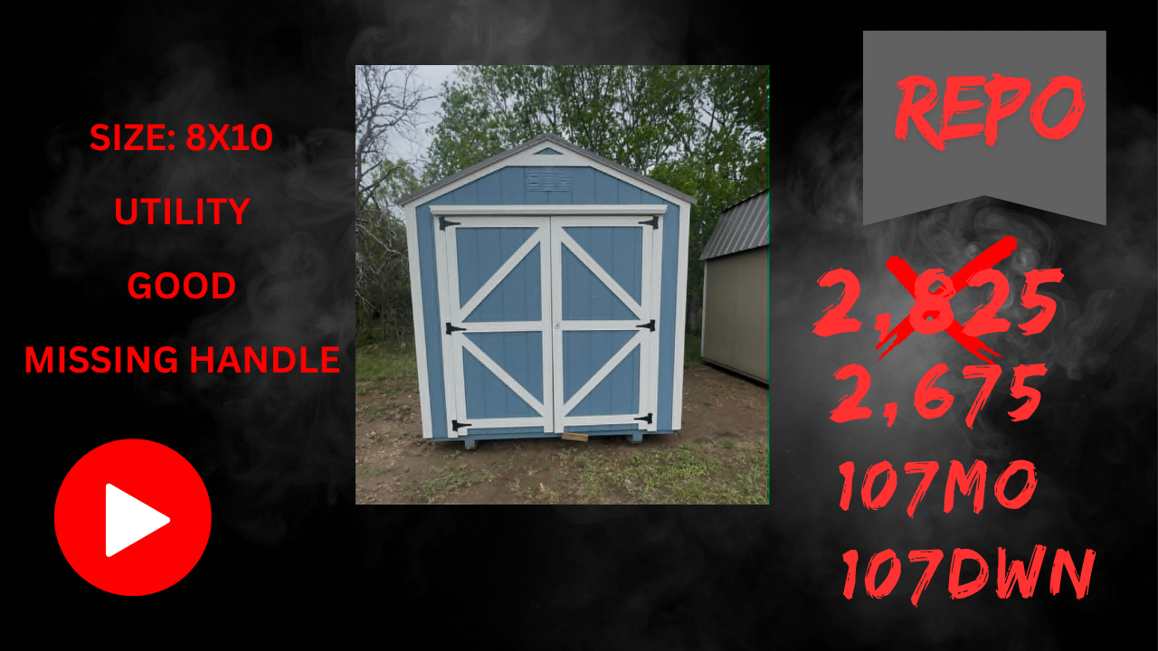 Blue utility shed with white trim in a yard, labeled “REPO” with red text and a play icon.