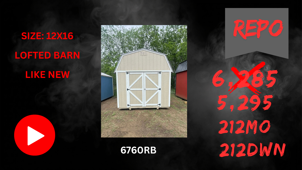 White 12x16 lofted barn shed with double doors on dark background and red text listing dimensions and price.