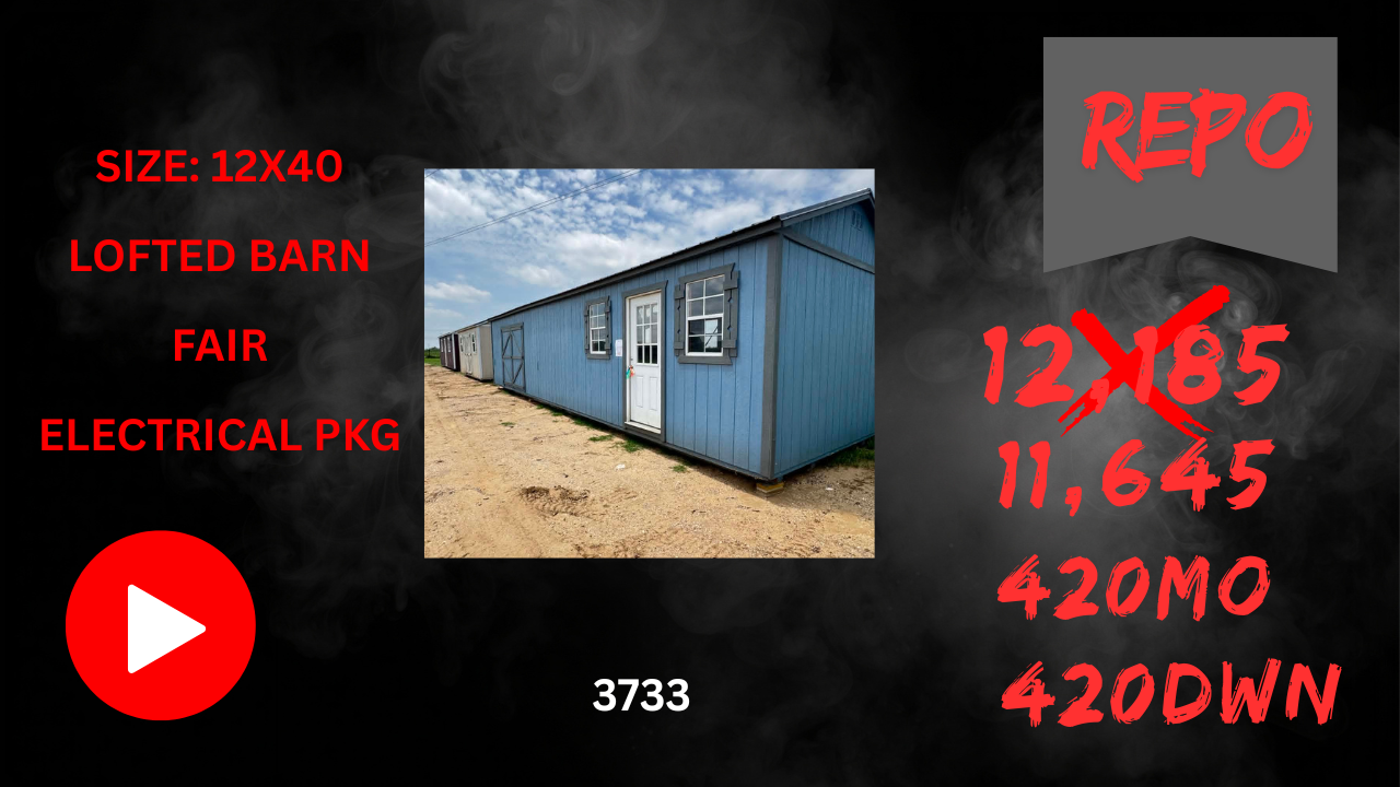 Blue lofted barn package ad with red text listing size, fair, electrical package, and a play icon
