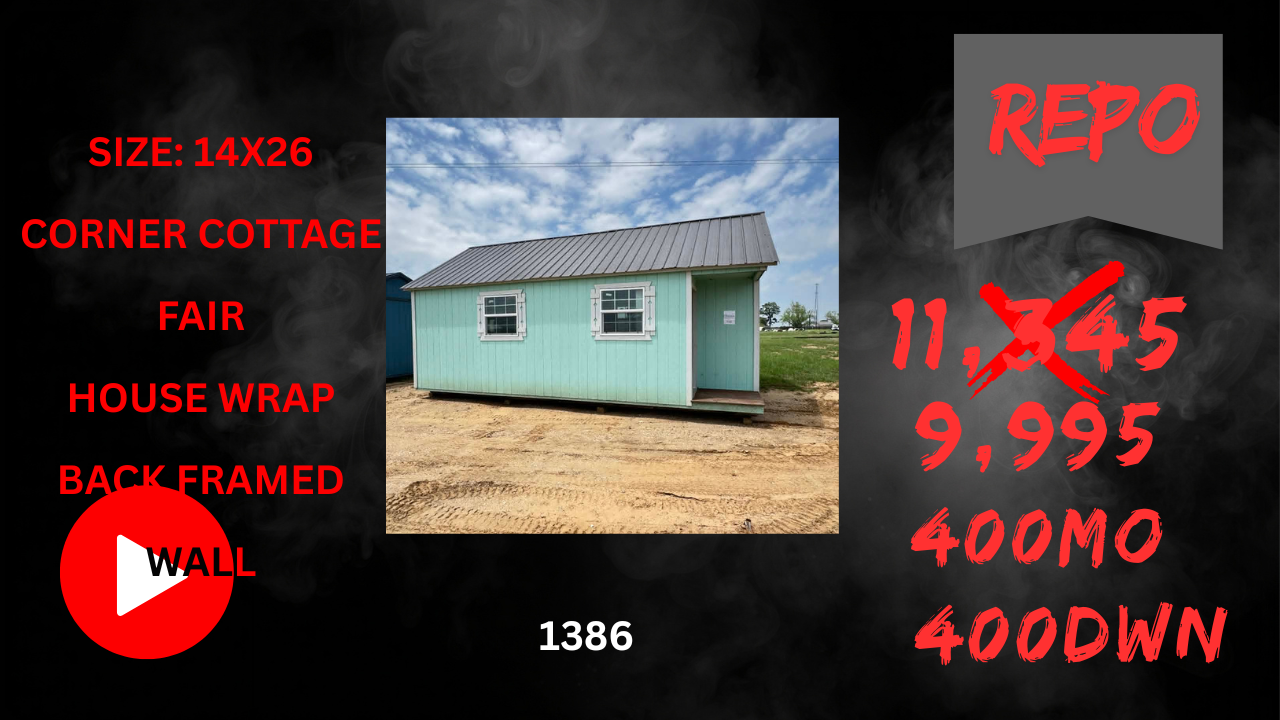 Real estate flyer for mint-green cottage with red text listing 11x45, 9,995, 400MO, 400DNW