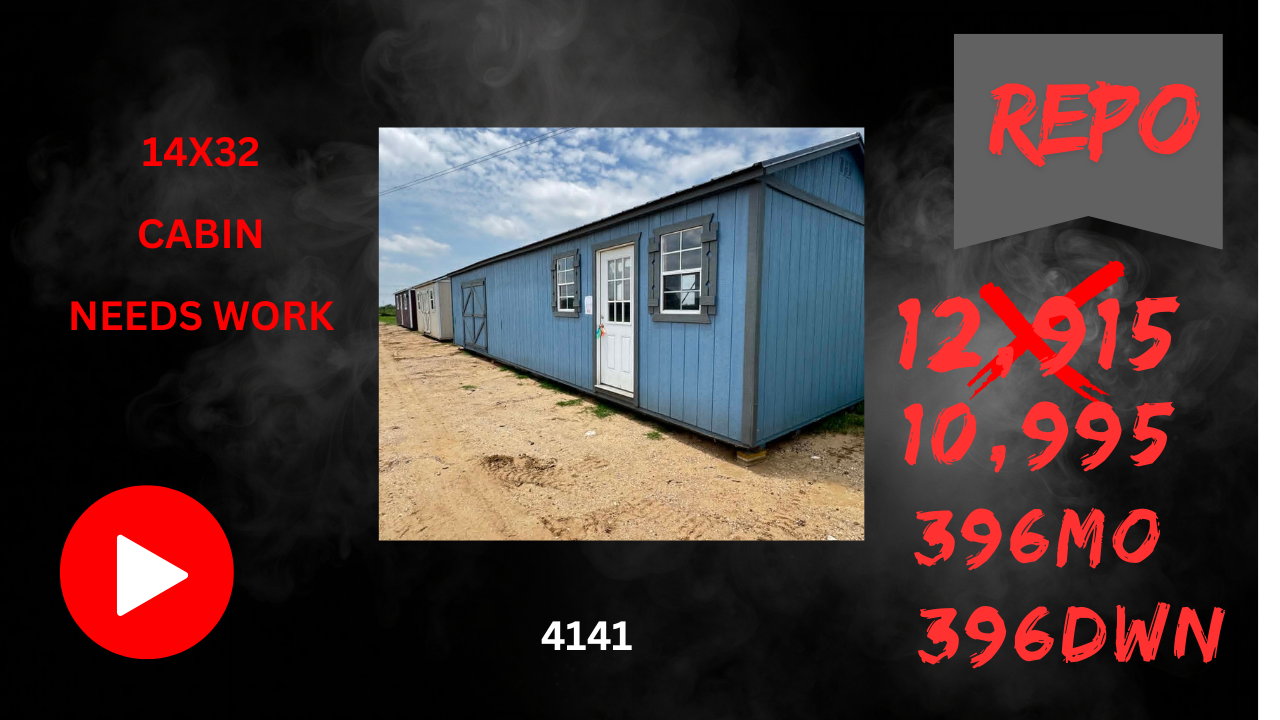 Blue cabin for sale, marked “REPO,” with red text listing dimensions and wear notes.