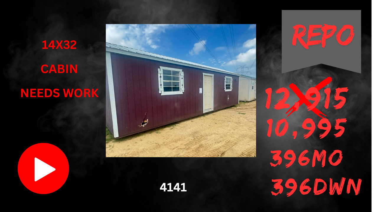 Maroon cabin with white trim on gravel, labeled “14x32 cabin needs work” and “Repo.”