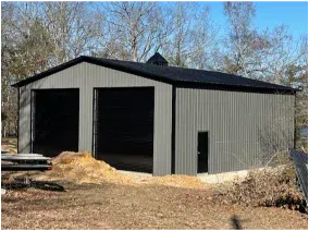 Gray metal garage with two open bays and a side door, set on a wooded lot.