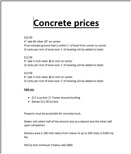A price list for concrete slabs, footers, and labor, including delivery fees and minimum square footage requirements.