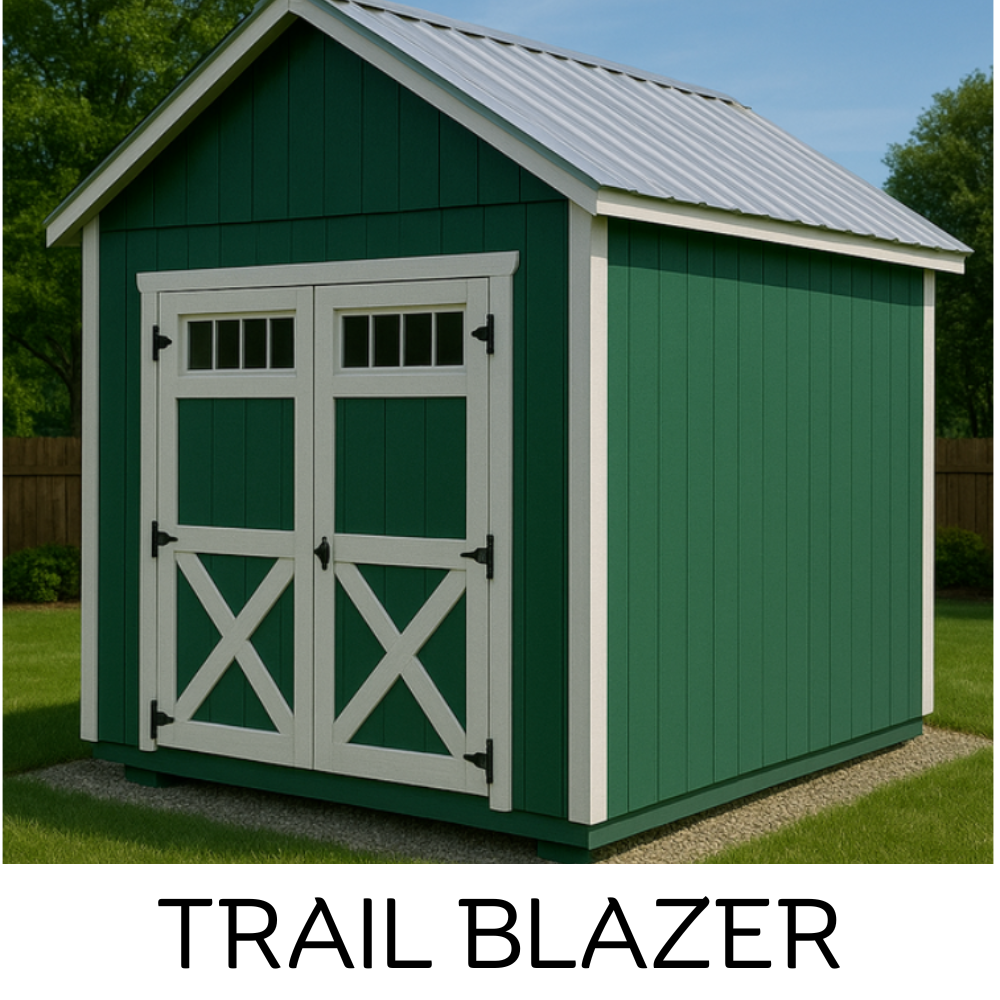 A green wooden storage shed with a white trim, double doors featuring an X-design, and a light metal roof in a grassy yard.