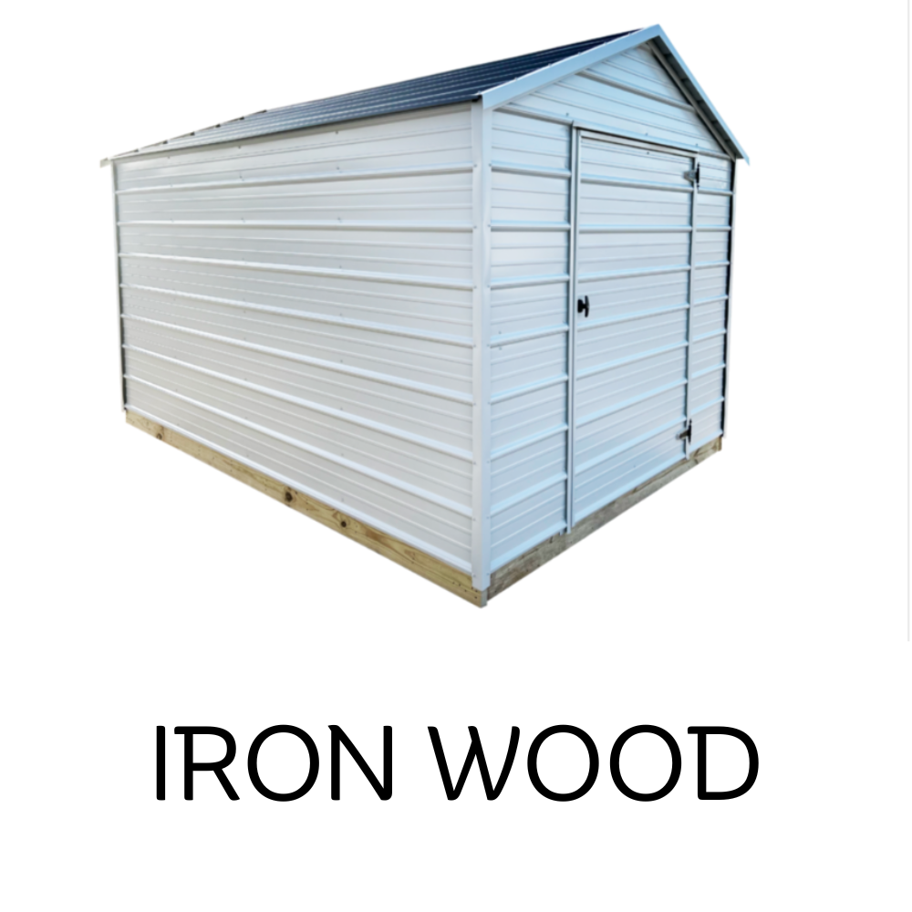 A white, rectangular metal storage shed with a peaked roof, standing on a wooden base, labeled 