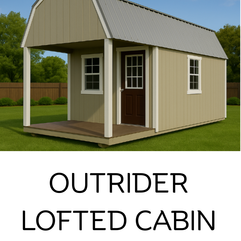 Tan-colored Outrider lofted cabin with a metal roof, front porch, and dark brown door, situated on a grassy lot.