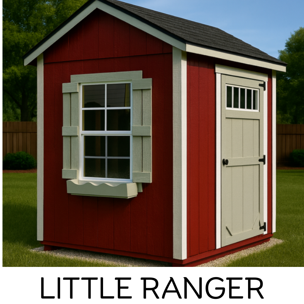A red shed with tan trim, a window with shutters and a planter box, and a single door on a green lawn.