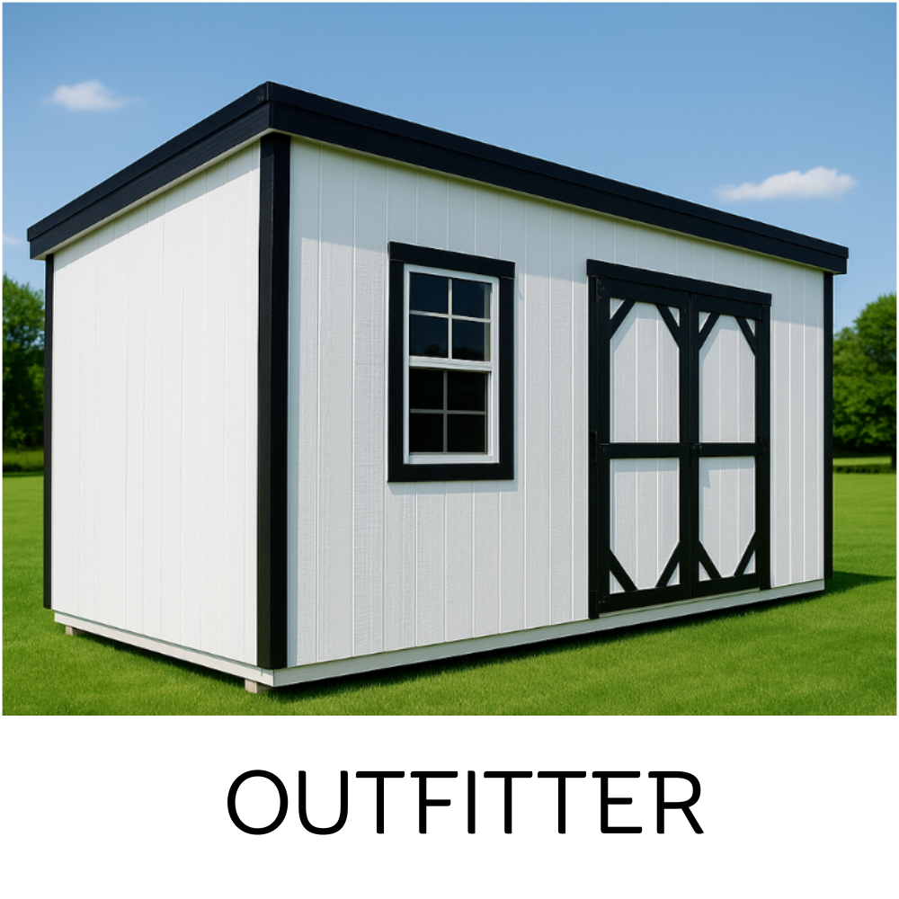 A white rectangular shed with black trim, a window, and double doors, sitting on a green lawn against a blue sky.