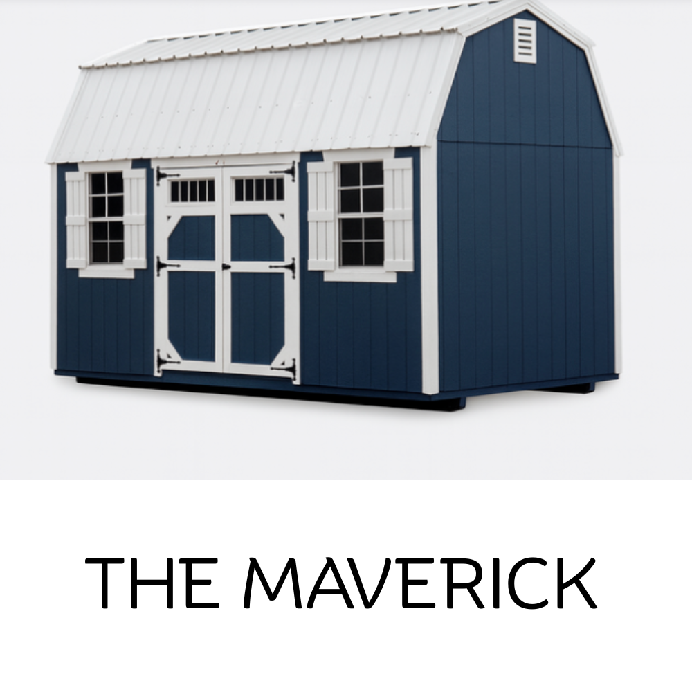 A navy blue barn-style shed with a white roof, double doors, and two windows with white shutters.