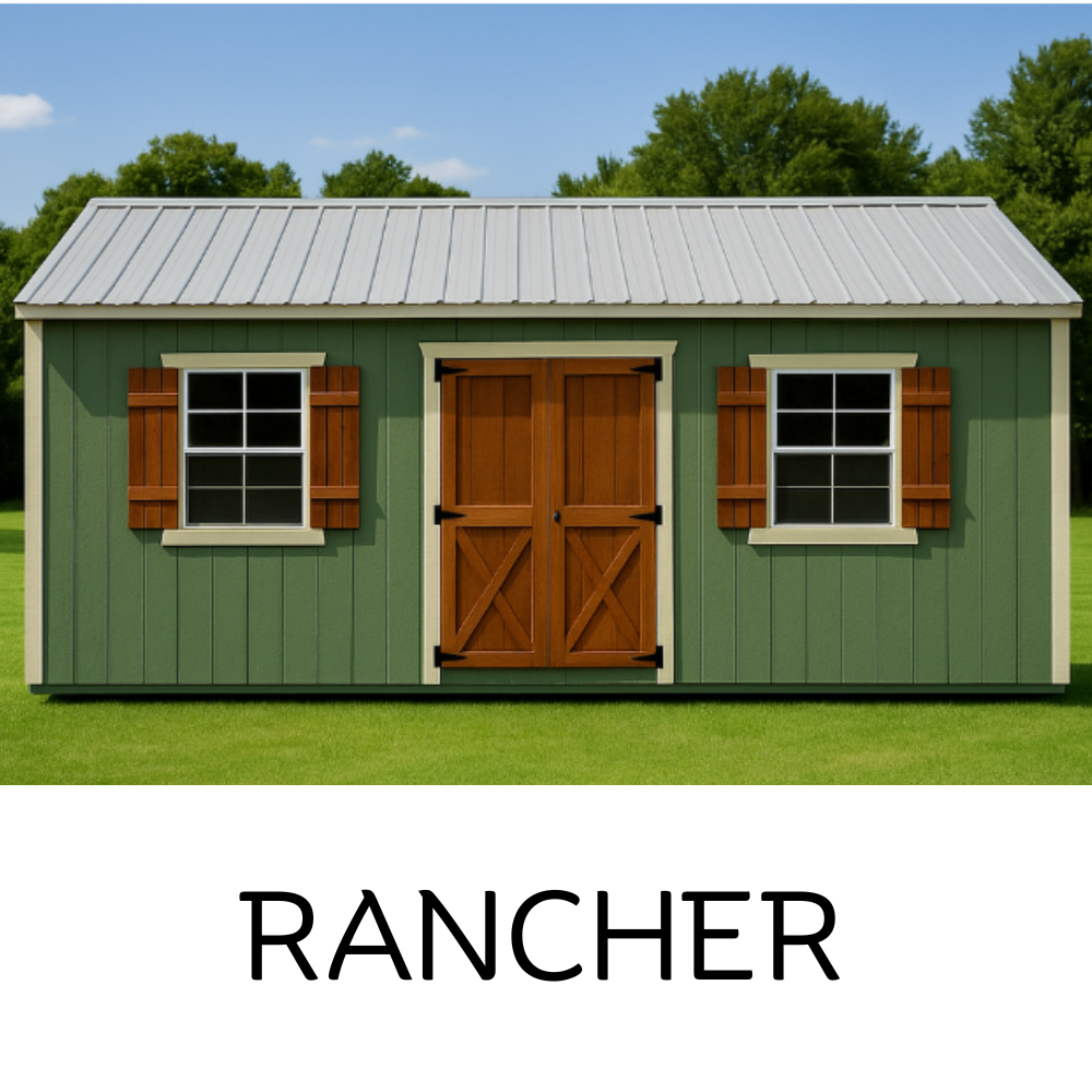 Green Rancher-style storage shed with brown wooden double doors, shutters, and a silver metal roof in a grassy field.