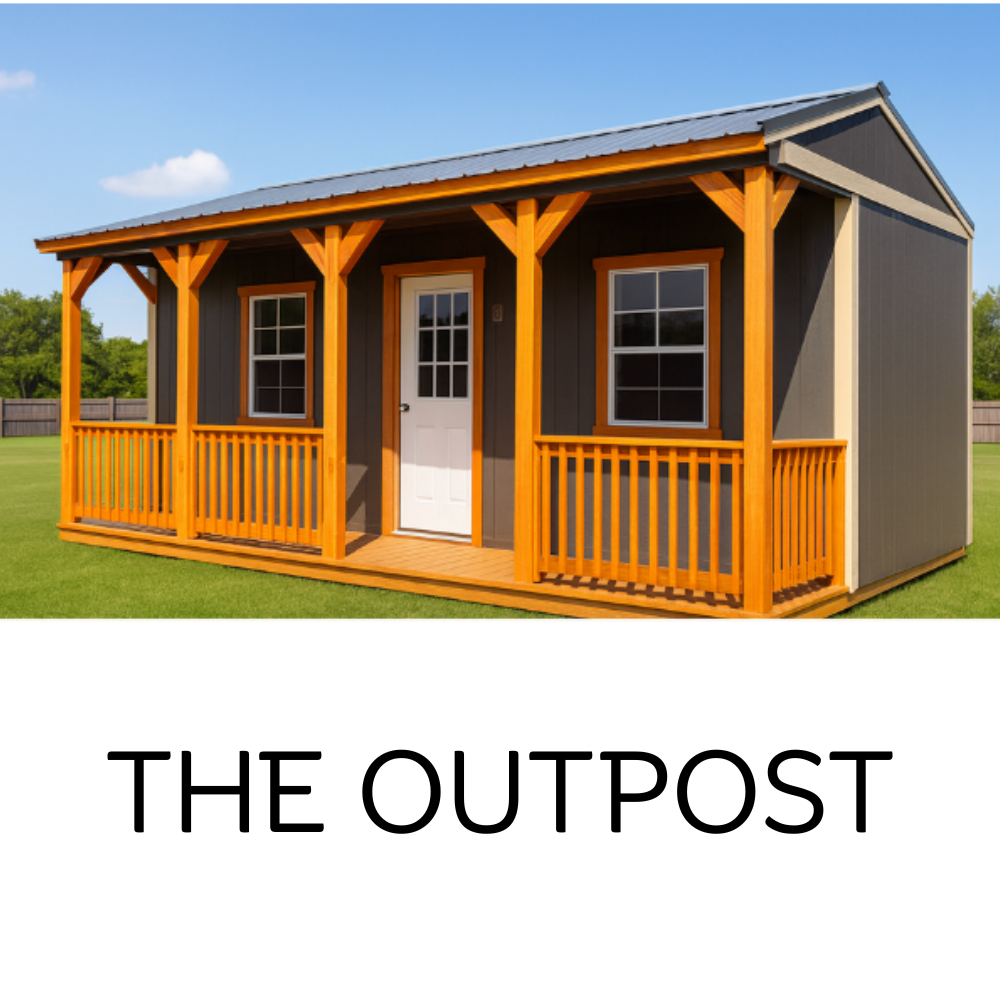 A dark grey shed titled 