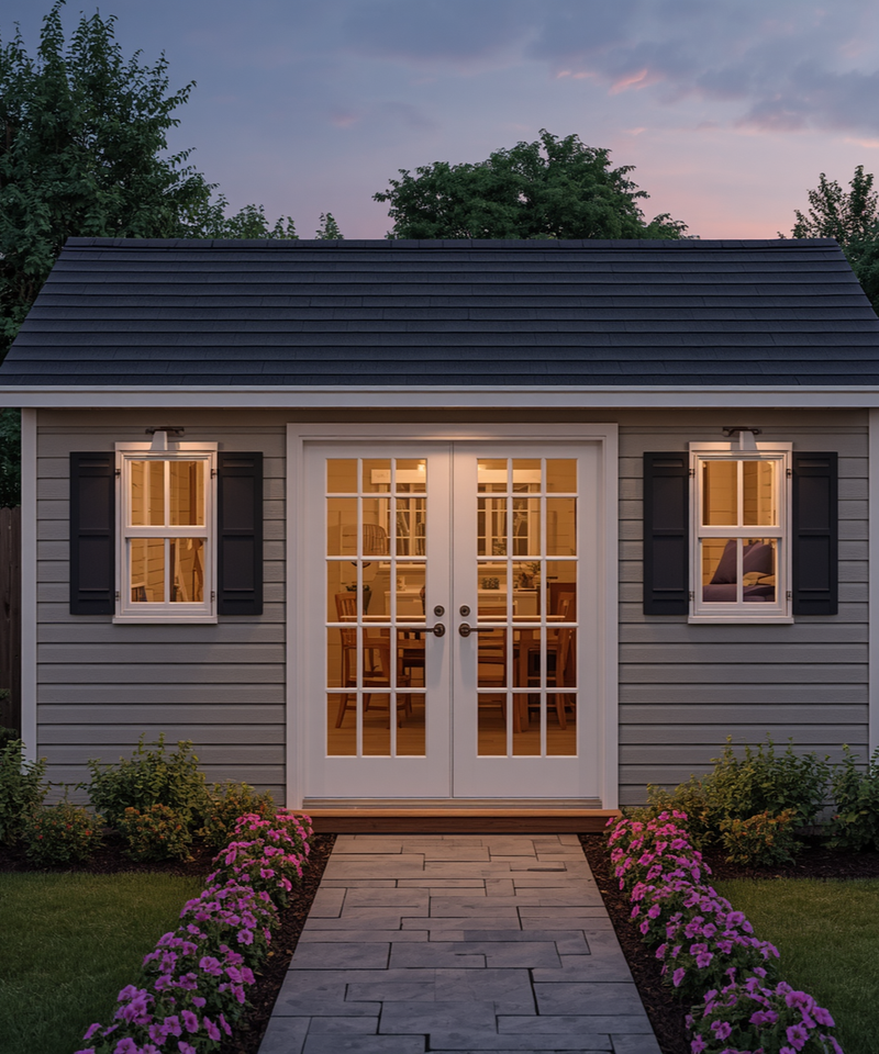 Front view of a cozy cottage with lit windows, white French doors, and a stone path lined with pink flowers at dusk