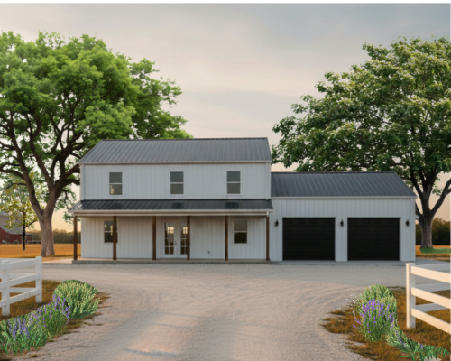 A two-story white farmhouse with a dark metal roof, a wrap-around porch, and an attached two-car garage under large trees.